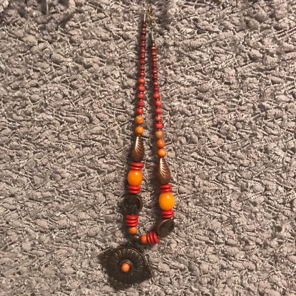Red/orange/ brass style cuban beaded necklace